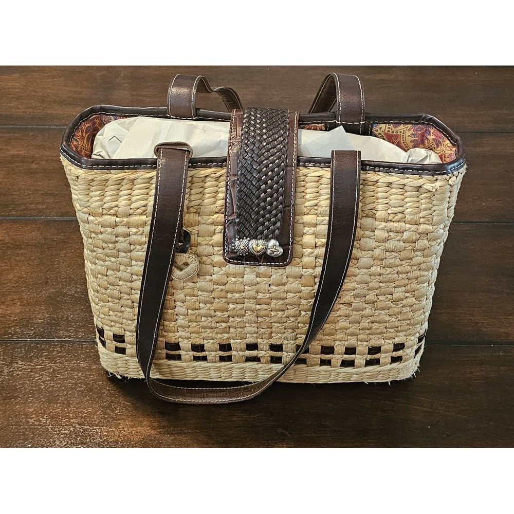 Brighton Woven Straw Shoulder Bag Brown Croc Embossed‎ Leather Handles Purse